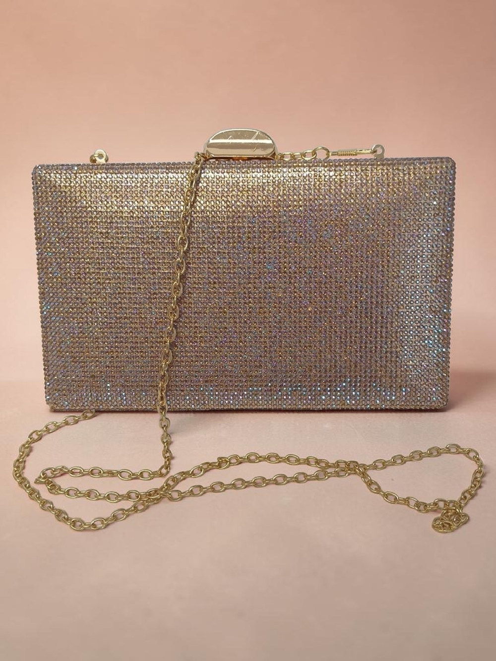 Gold Crystal-Embellished Evening Clutch with Chain Strap